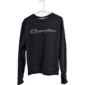 Champion Black Pullover Mens Medium Long Sleeve Sweater Spellout Logo
